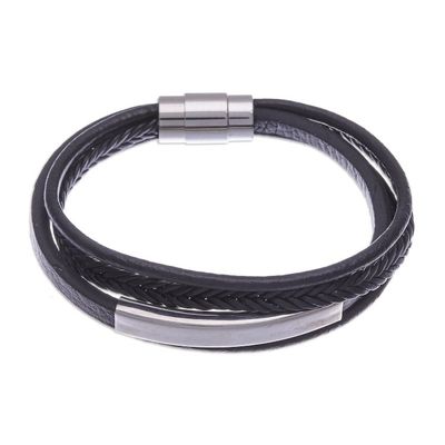 Alternate image for Leather Strand Bracelet in Black from Thailand Mighty Strength in Black