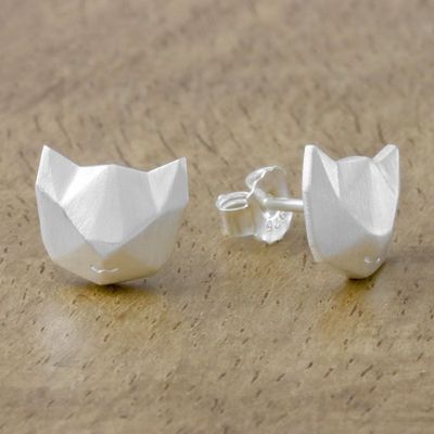 Alternate image for Geometric Cat Sterling Silver Stud Earrings from Thailand Cat Lover
