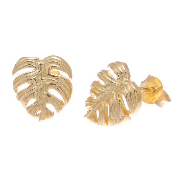 Alternate image for Handcrafted Thai 18k Gold Plated Leaf Stud Earrings Tropical Leaf