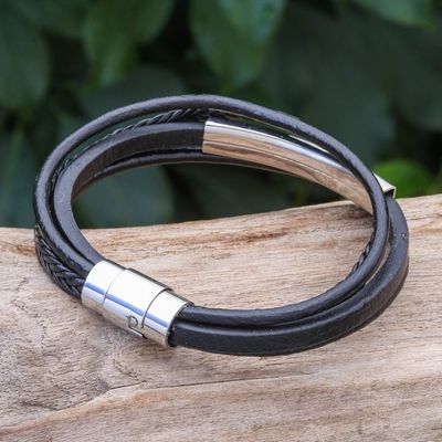 Alternate image for Leather Strand Bracelet in Black from Thailand Mighty Strength in Black