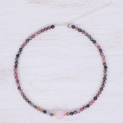 Alternate image for Hand Made Tourmaline and Rose Quartz Beaded Necklace Precious Orb in Rose