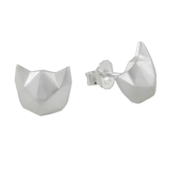Alternate image for Geometric Cat Sterling Silver Stud Earrings from Thailand Cat Lover
