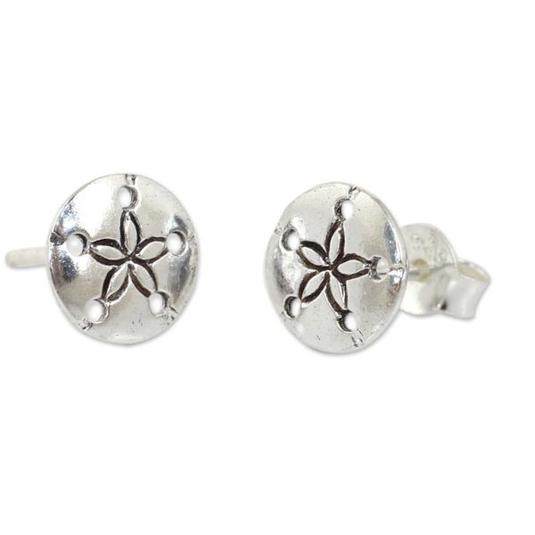Alternate image for Hand Crafted Seashell Design Sterling Silver Button Earrings Sand Dollar
