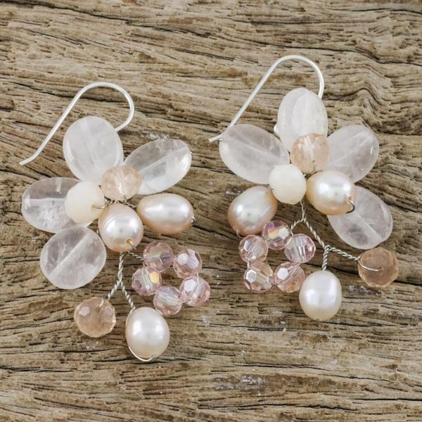 Alternate image for Rose Quartz and Cultured Pearl Dangle Earrings from Thailand Elegant Flora