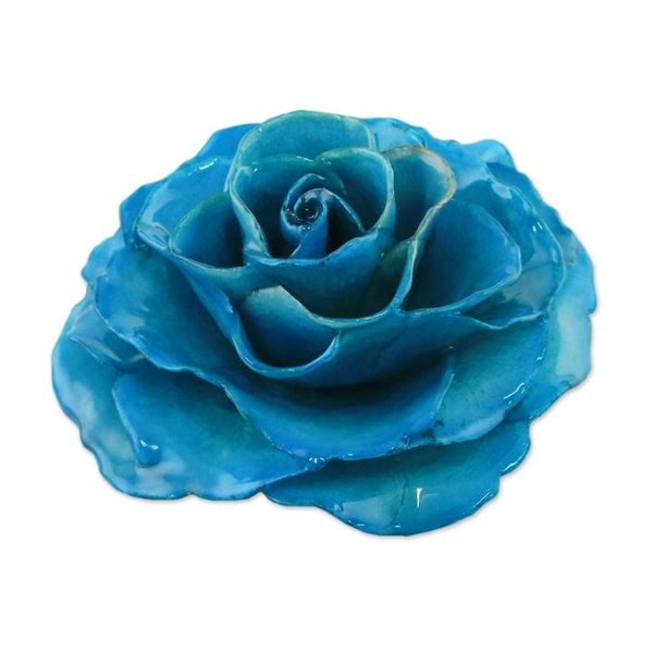 Alternate image for Artisan Crafted Natural Rose Brooch in Azure from Thailand Rosy Mood in Azure