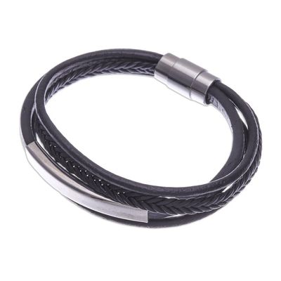 Alternate image for Leather Strand Bracelet in Black from Thailand Mighty Strength in Black