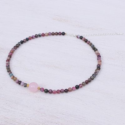 Alternate image for Hand Made Tourmaline and Rose Quartz Beaded Necklace Precious Orb in Rose