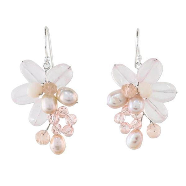 Alternate image for Rose Quartz and Cultured Pearl Dangle Earrings from Thailand Elegant Flora