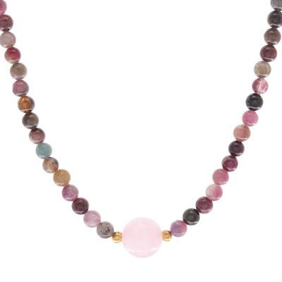 Alternate image for Hand Made Tourmaline and Rose Quartz Beaded Necklace Precious Orb in Rose