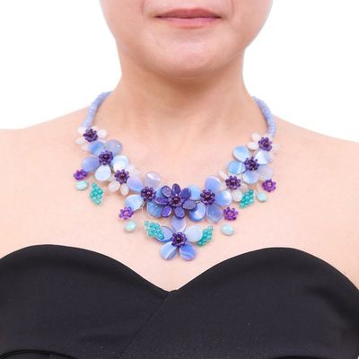 Alternate image for Hand Crafted Lapis Lazuli and Agate Statement Necklace Flower Bed in Blue