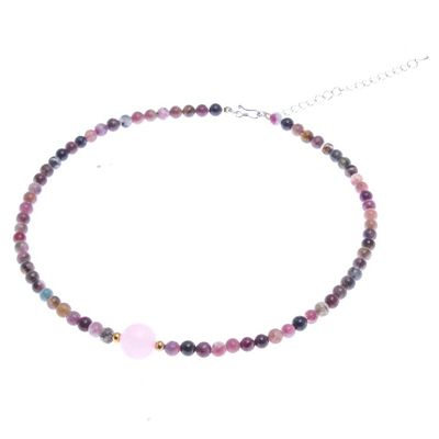Alternate image for Hand Made Tourmaline and Rose Quartz Beaded Necklace Precious Orb in Rose