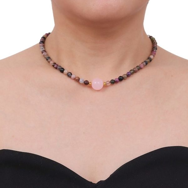 Alternate image for Hand Made Tourmaline and Rose Quartz Beaded Necklace Precious Orb in Rose