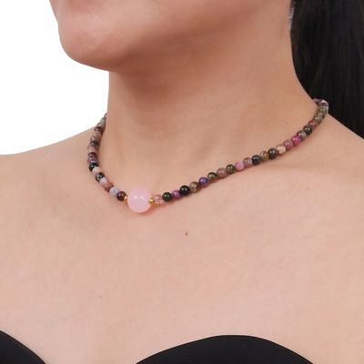 Alternate image for Hand Made Tourmaline and Rose Quartz Beaded Necklace Precious Orb in Rose