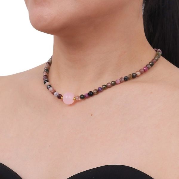 Alternate image for Hand Made Tourmaline and Rose Quartz Beaded Necklace Precious Orb in Rose