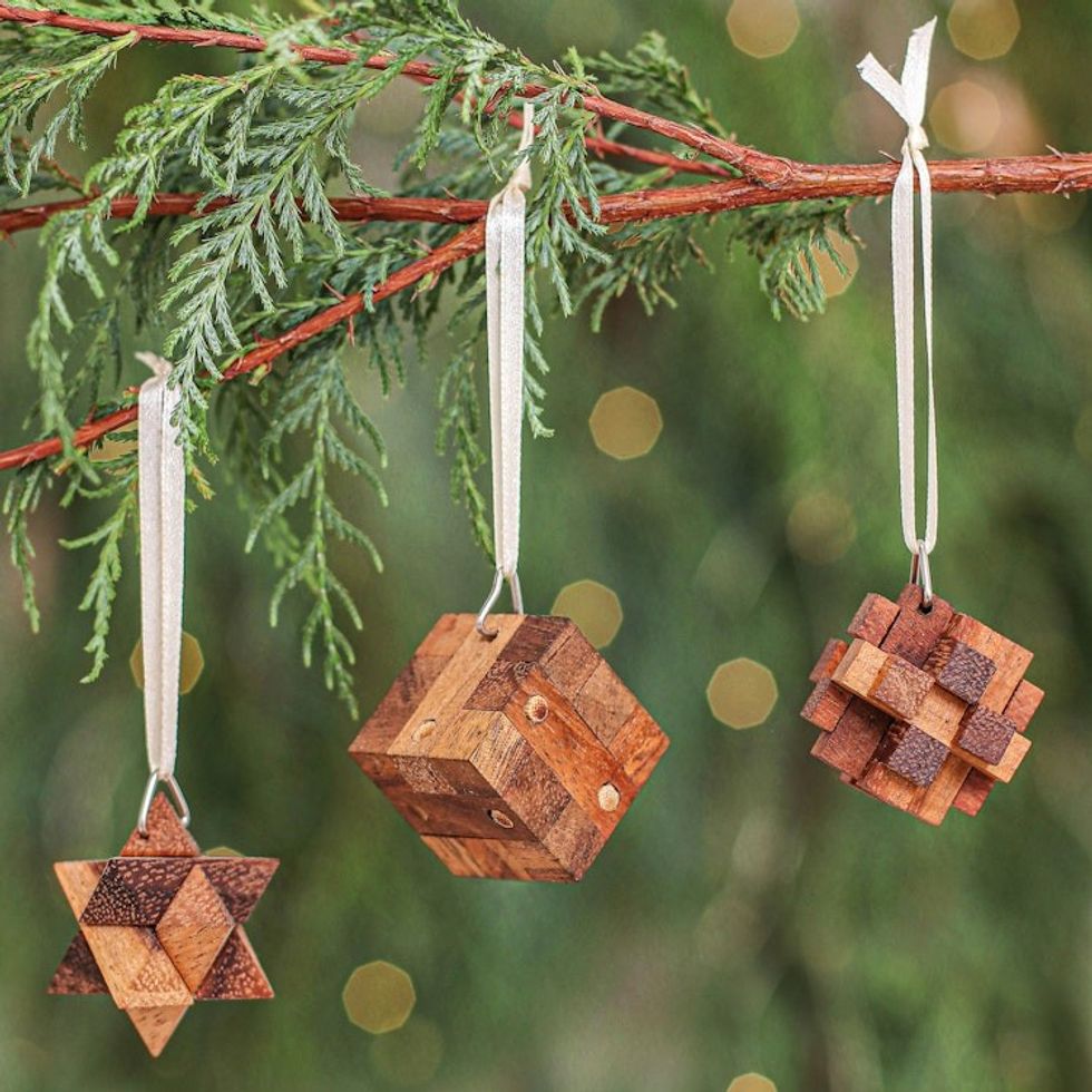 Three Thai Miniature Wood Puzzle Game Ornaments 'Christmas Challenge'