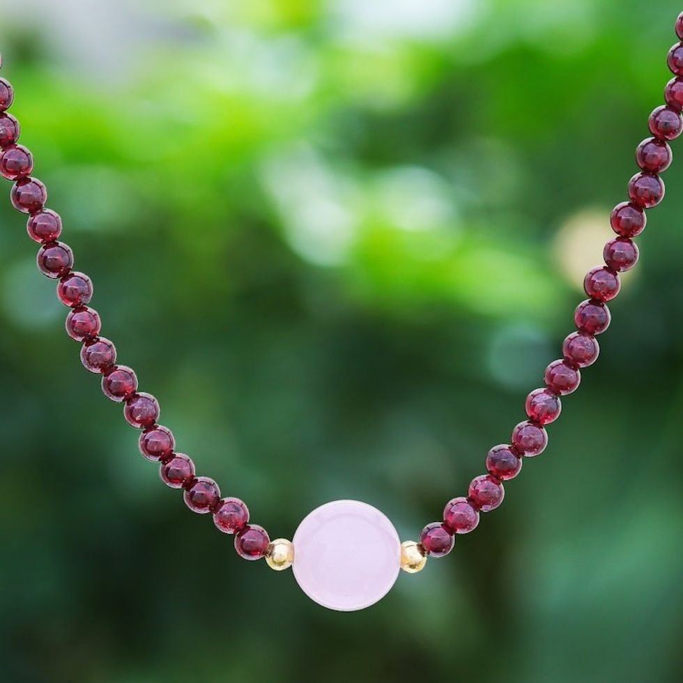 Handmade Garnet and Rose Quartz Beaded Necklace 'Precious Orb in Crimson'