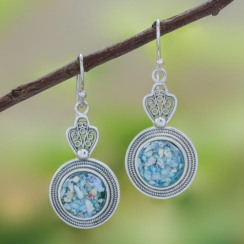 Handcrafted Thai Sterling Silver and Roman Glass Earrings 'Mesmerizing Color'