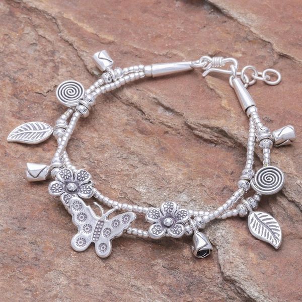 Alternate image for Karen Silver Double Strand Beaded Dragonfly Charm Bracelet Butterfly Meadow