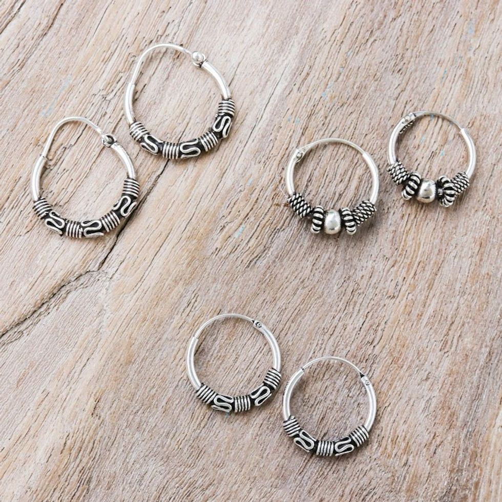 Traditional Thai Sterling Silver Hoop Earrings Set of 3 'Traditional Thailand'