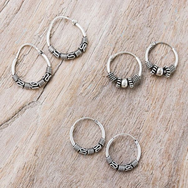 Alternate image for Traditional Thai Sterling Silver Hoop Earrings Set of 3 Traditional Thailand