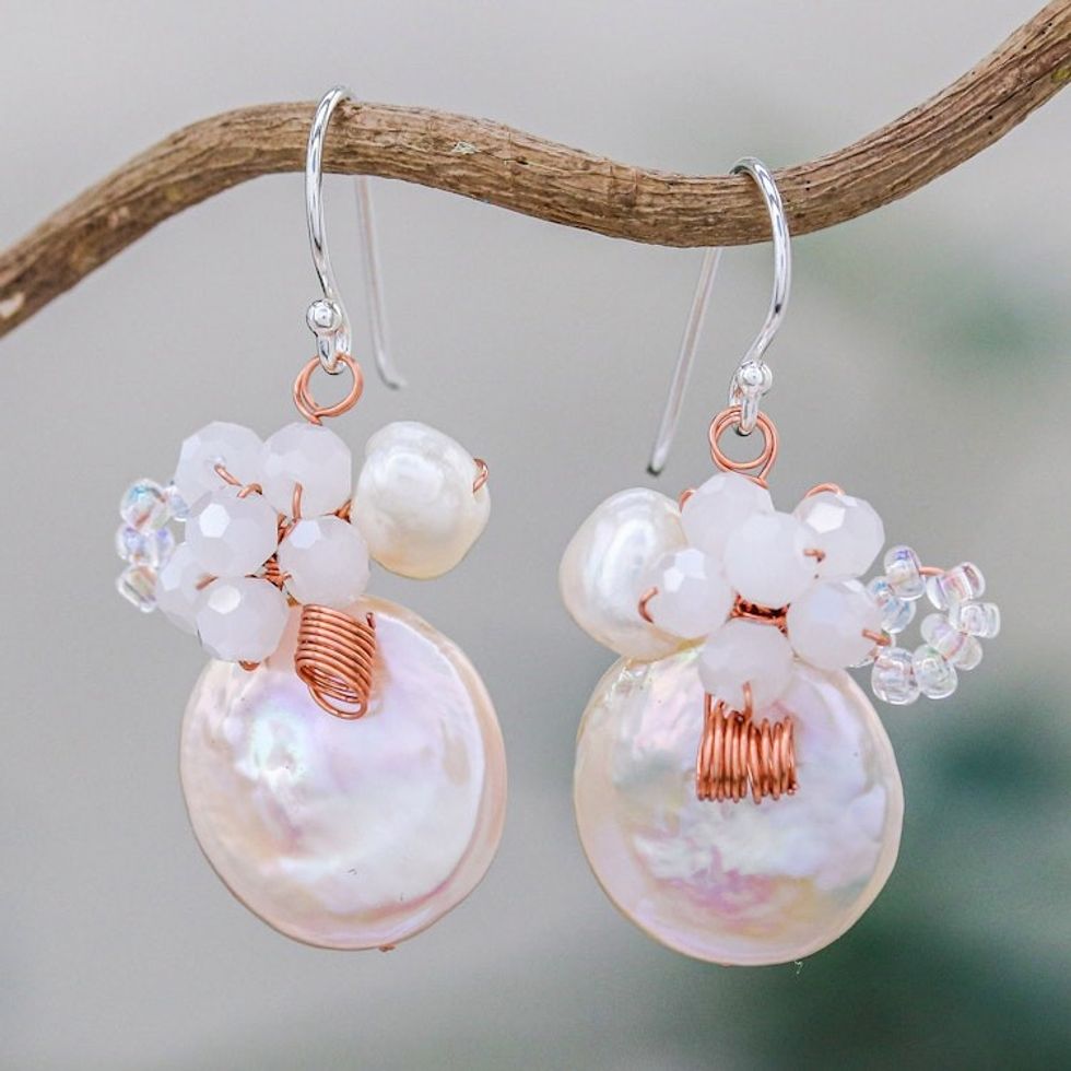 Cultured Pearl and Glass Dangle Earrings from Thailand 'Night Glamour in White'