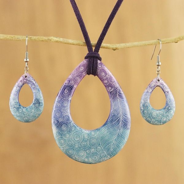 Alternate image for Swirl and Feather Ceramic Necklace and Earrings Jewelry Set Feather Beauty