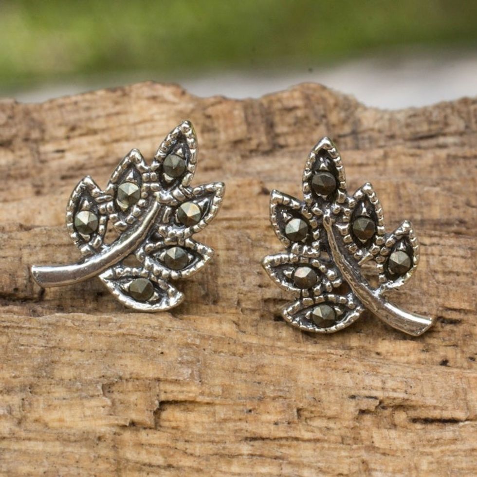 Leaf Stud Earrings Crafted of Sterling Silver and Marcasite 'Petite Leaves'