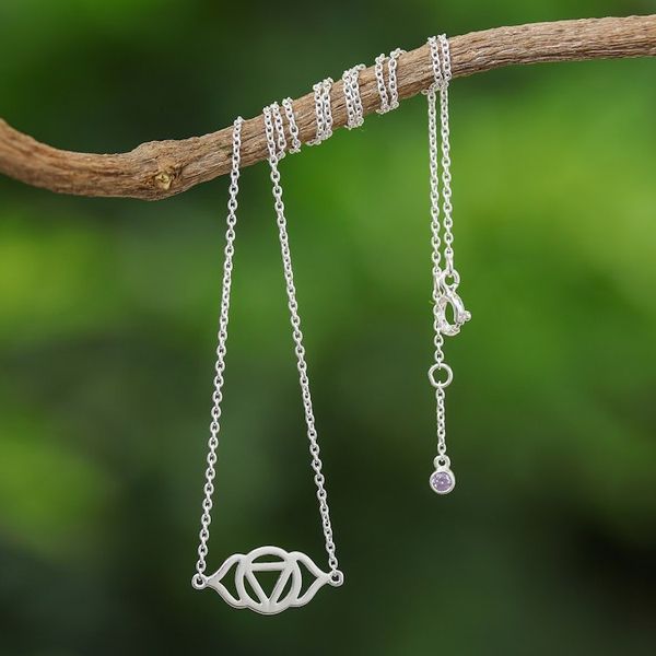 Alternate image for Sterling Silver Pendant Necklace with Purple Cubic Zirconia Purple Third Eye