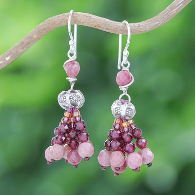 Alternate image for Hill Tribe Garnet and Rhodonite Beaded Dangle Earrings Pink Grandeur