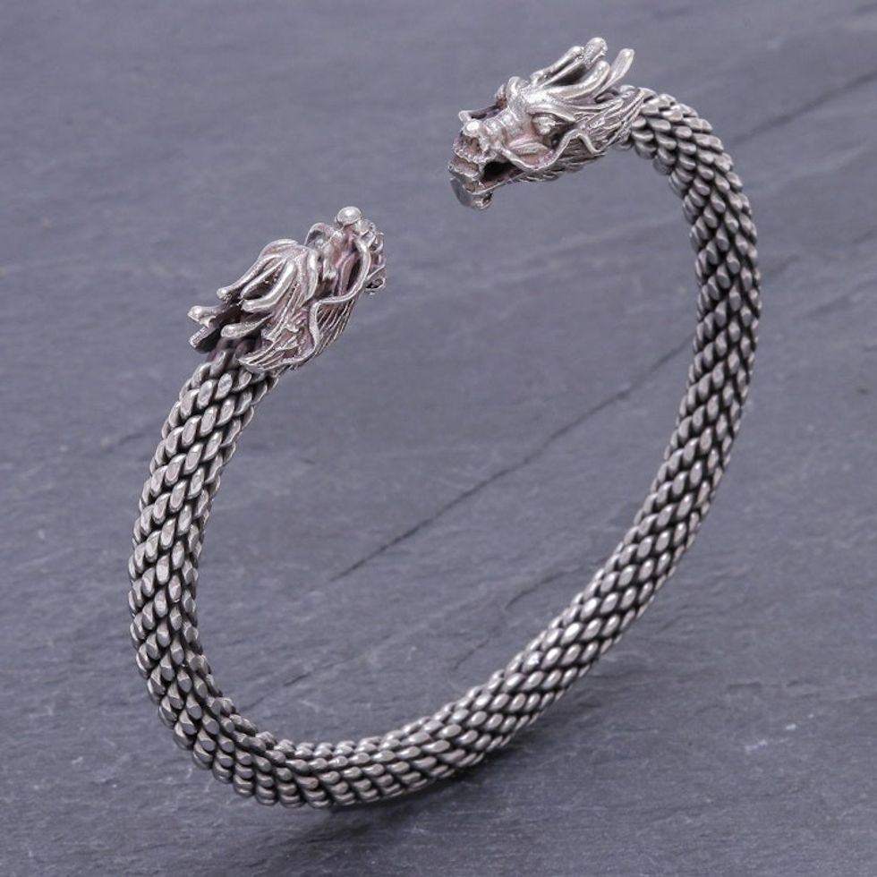 Dragon Themed Unisex Sterling Silver Cuff Bracelet 'Double Dragons'