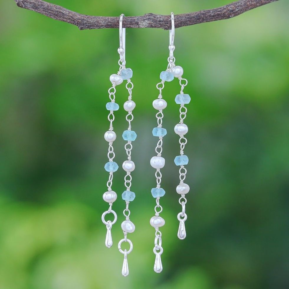 Handmade Apatite and Cultured Pearl Dangle Earrings 'Morning Peace'