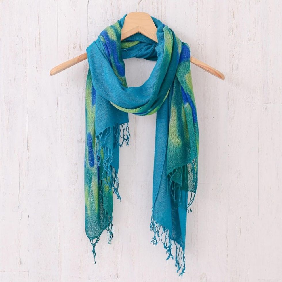 Hand-Woven Batik Silk Scarves in Teal Pair 'Teal Sea'