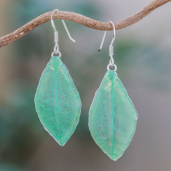 Alternate image for Natural Leaf Dangle Earrings in Jade from Thailand Stunning Nature in Jade