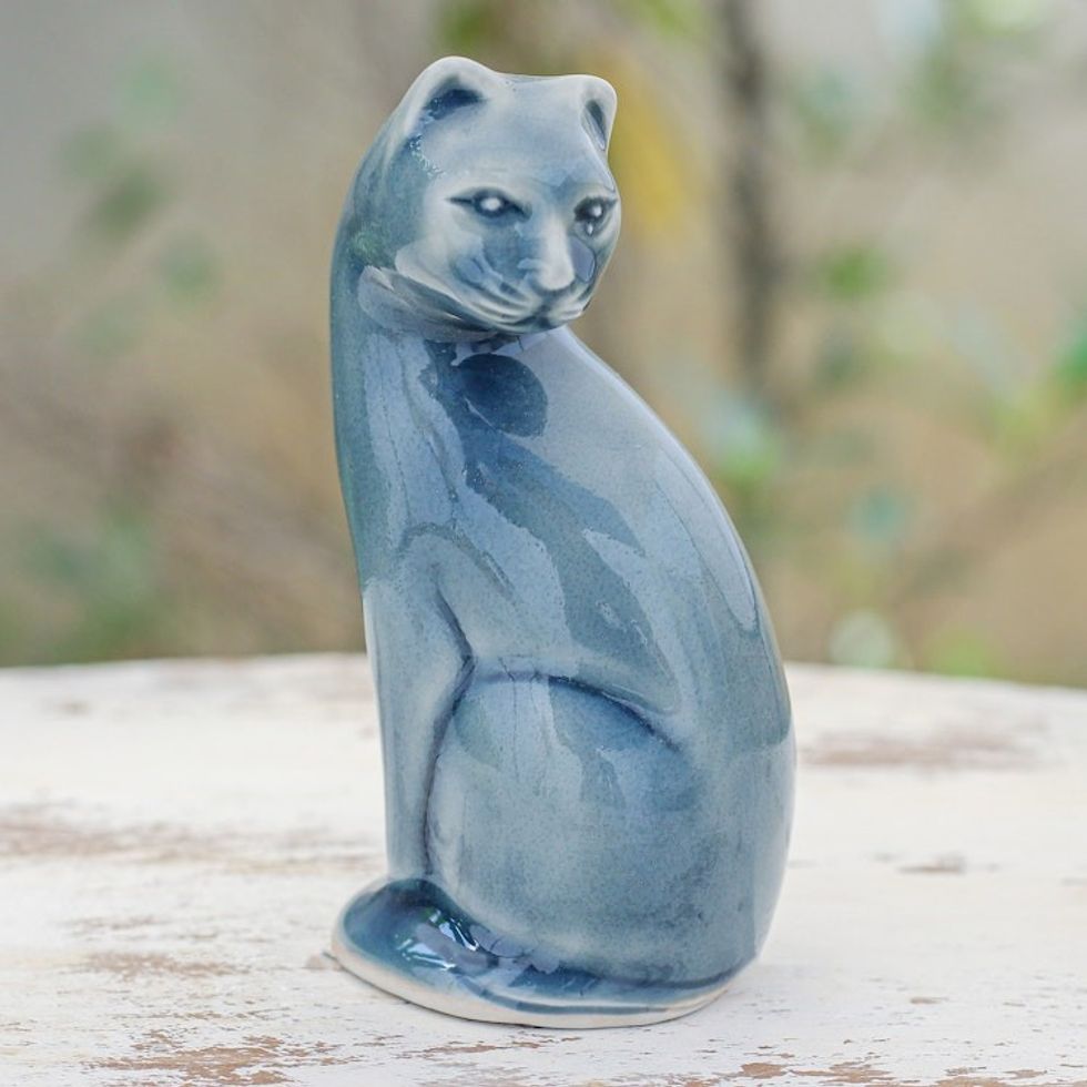 Blue Celadon Ceramic Cat Figurine Hand-Crafted in Thailand 'Beautiful Cat in Blue'