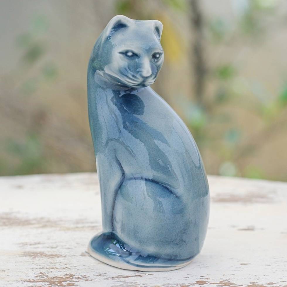 Blue Celadon Ceramic Cat Figurine Hand-Crafted in Thailand 'Beautiful Cat in Blue'