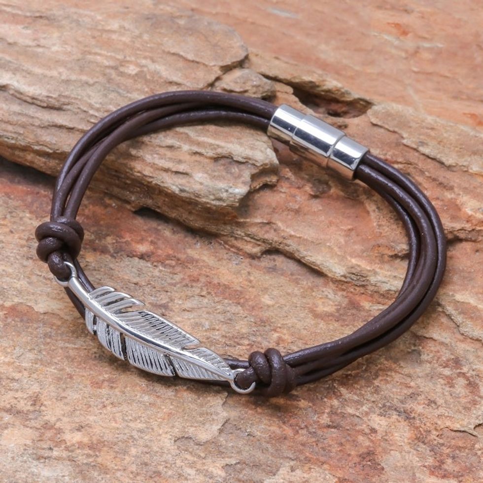 Stainless Steel and Brown Leather Feather Pendant Bracelet 'Stunning Feather in Brown'