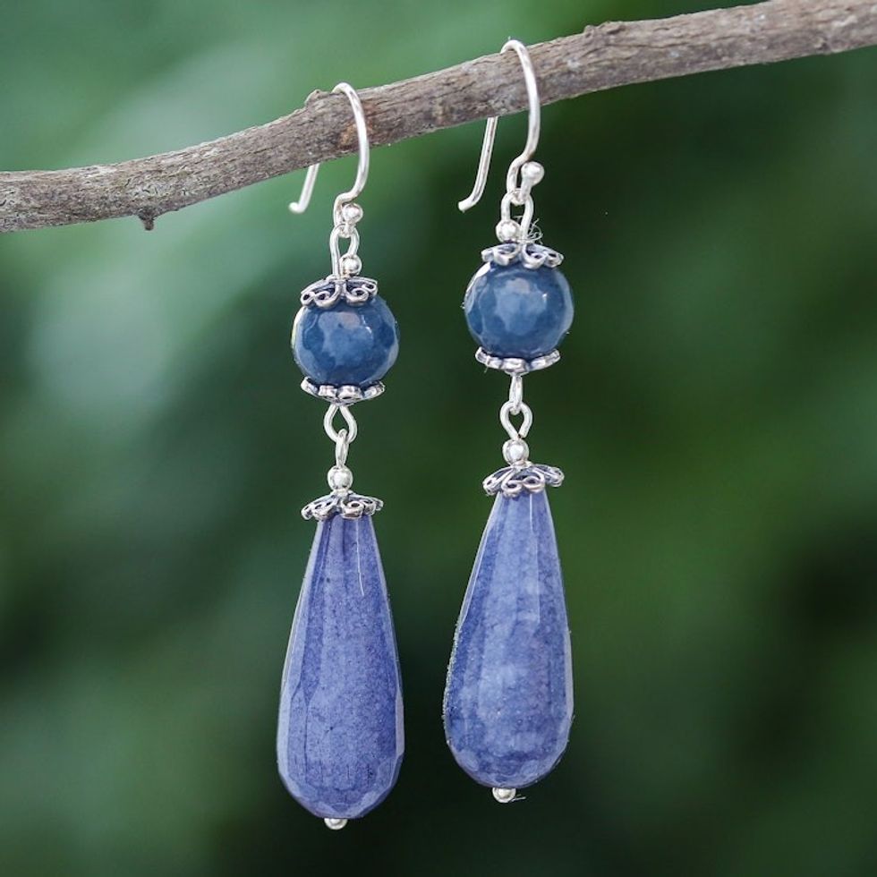 Hand Threaded Blue Agate Dangle Earrings from Thailand 'Midnight Rain'