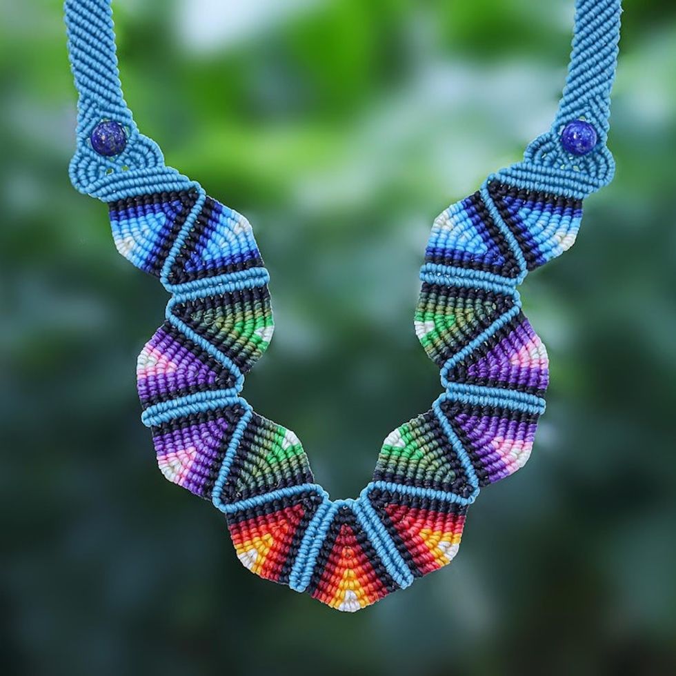Thai Hand Threaded Macrame Lapis Lazuli Beaded Necklace 'Boho Morning in Blue'