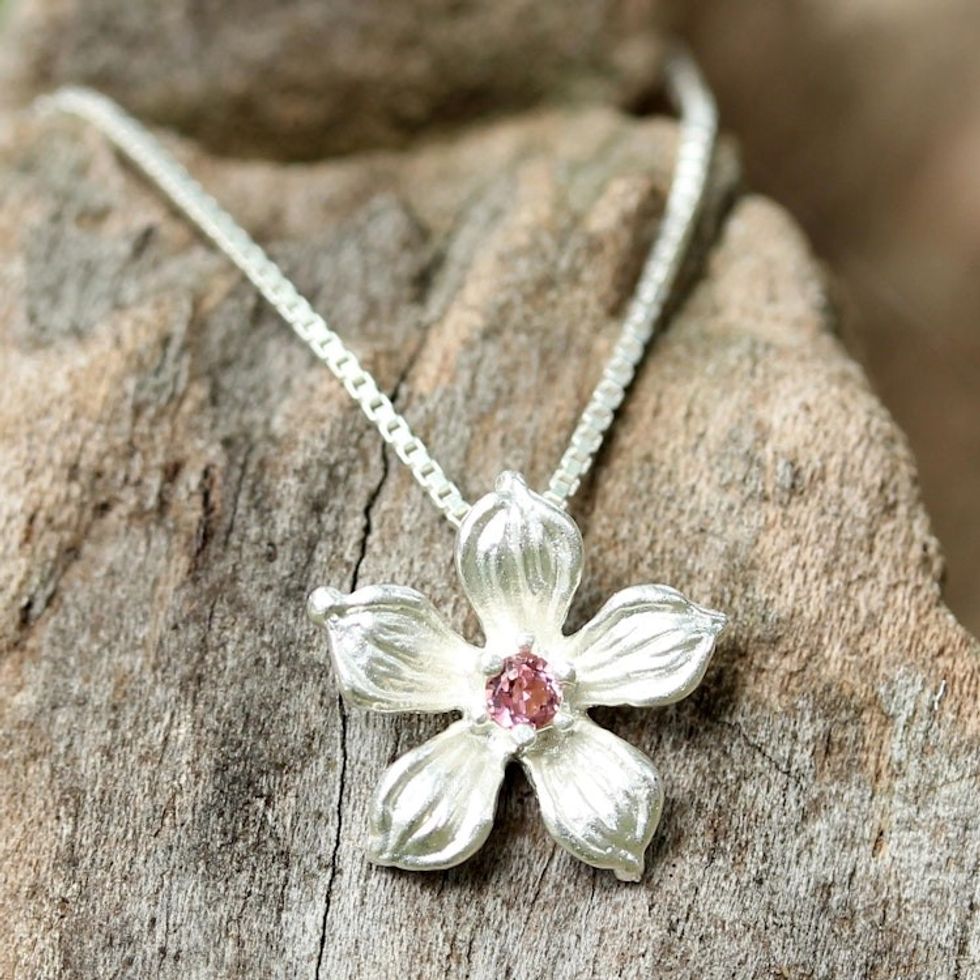 Sterling Silver Tourmaline Floral Pendant Necklace Thailand 'Winter Bloom'