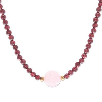 Alternate image for Handmade Garnet and Rose Quartz Beaded Necklace Precious Orb in Crimson
