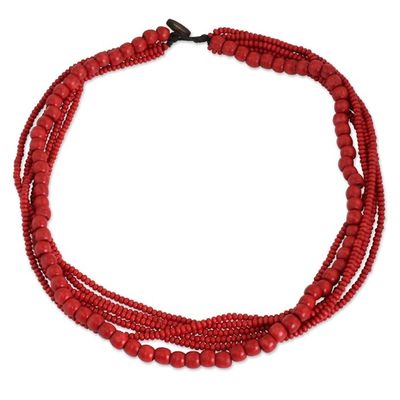 Alternate image for Fair Trade Long Wood Beaded Necklace in Bright Red Cabana Dance