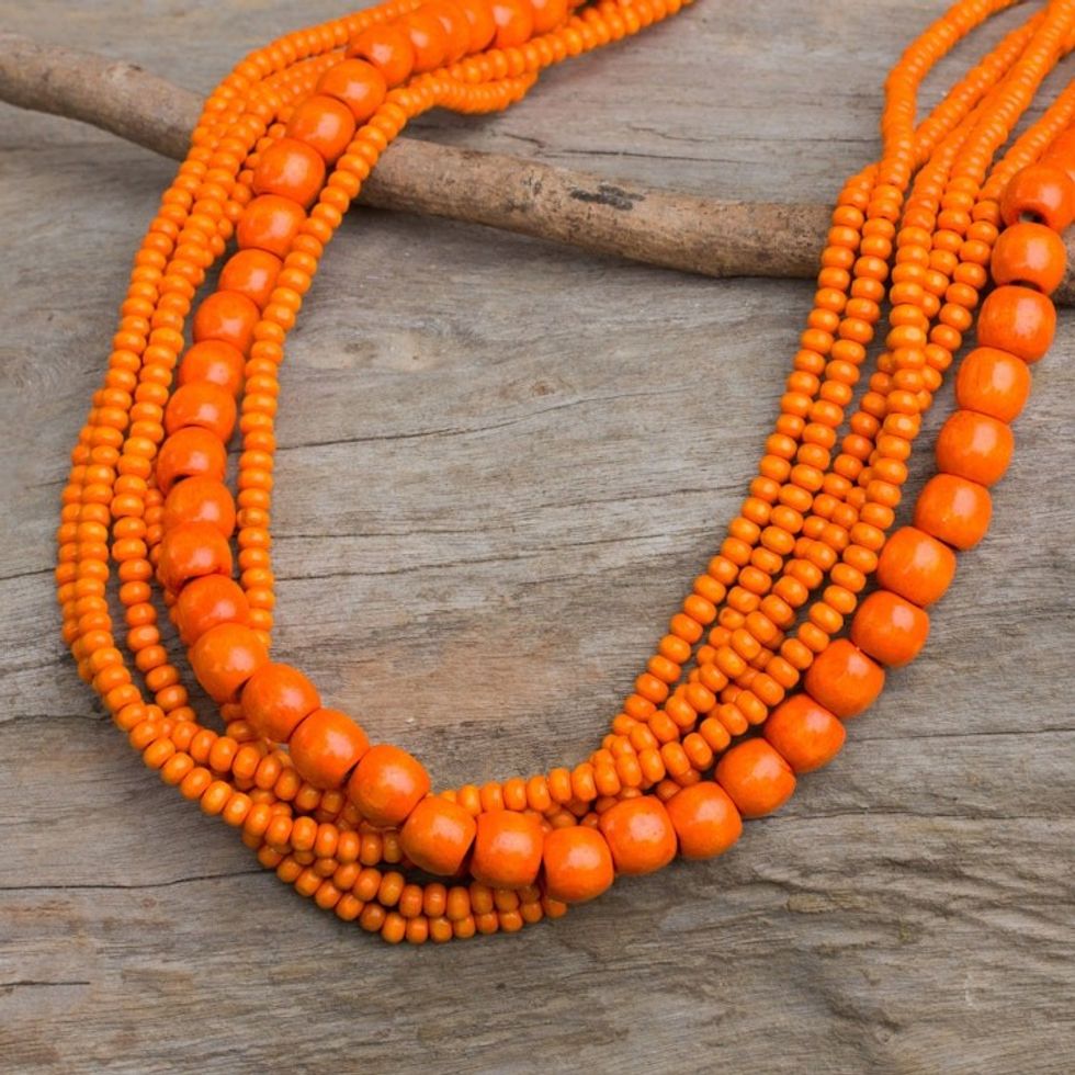 Orange Wood Bead Necklace Hand Crafted in Thailand 'Solar Dance'