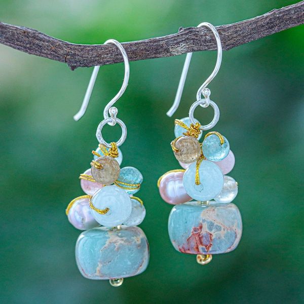 Alternate image for Jasper Cultured Pearl and Quartz Beaded and Hooked Earrings Cave Treasures