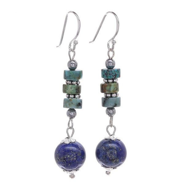 Alternate image for Handmade Lapis Lazuli and Hematite Dangle Earrings Earth Orbit