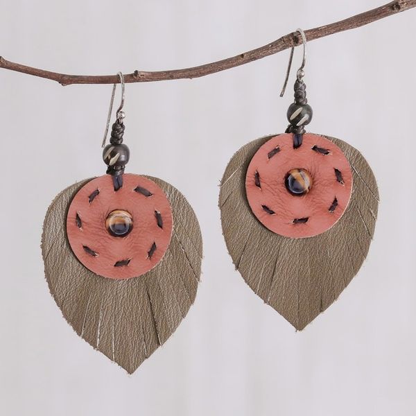Alternate image for Hand Crafted Tigers Eye and Leather Leaf Dangle Earrings Aurora Leaves