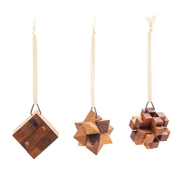 Alternate image for Three Thai Miniature Wood Puzzle Game Ornaments Christmas Challenge