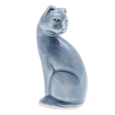 Alternate image for Blue Celadon Ceramic Cat Figurine Hand-Crafted in Thailand Beautiful Cat in Blue