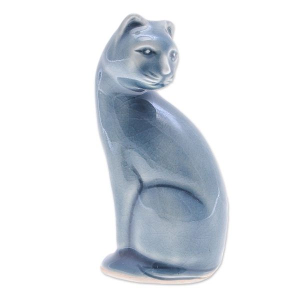 Alternate image for Blue Celadon Ceramic Cat Figurine Hand-Crafted in Thailand Beautiful Cat in Blue