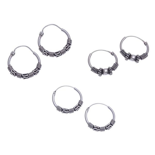 Alternate image for Traditional Thai Sterling Silver Hoop Earrings Set of 3 Traditional Thailand