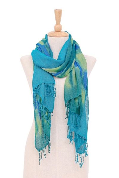 Alternate image for Hand-Woven Batik Silk Scarves in Teal Pair Teal Sea